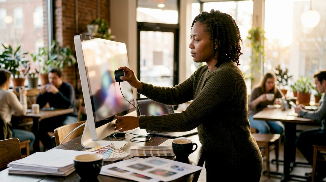 Designer calibrating monitor for color accuracy