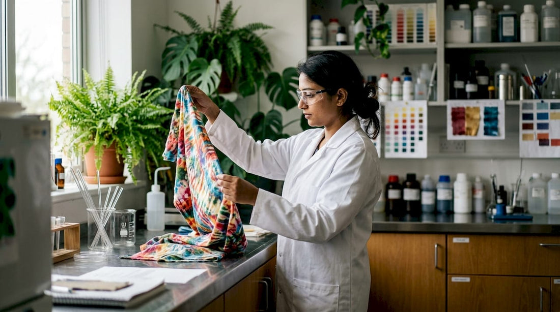 Technician examining cotton fabric sample in textile lab