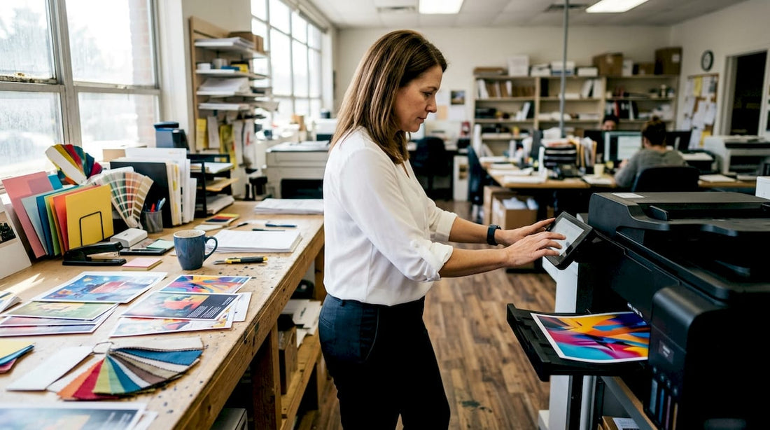 Small business printing workflow setup on desk with printer and technician