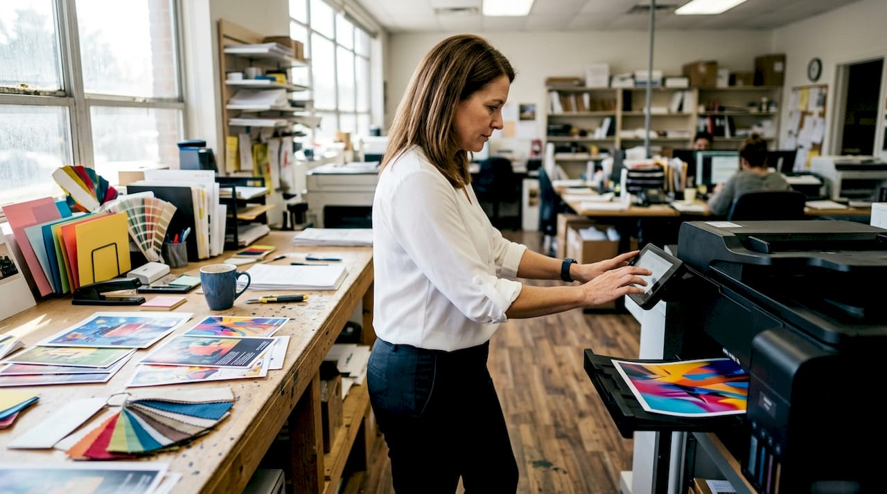 Small business printing workflow setup on desk with printer and technician