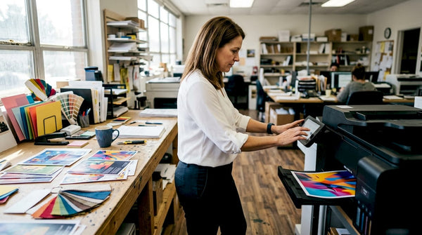Small business printing workflow setup on desk with printer and technician
