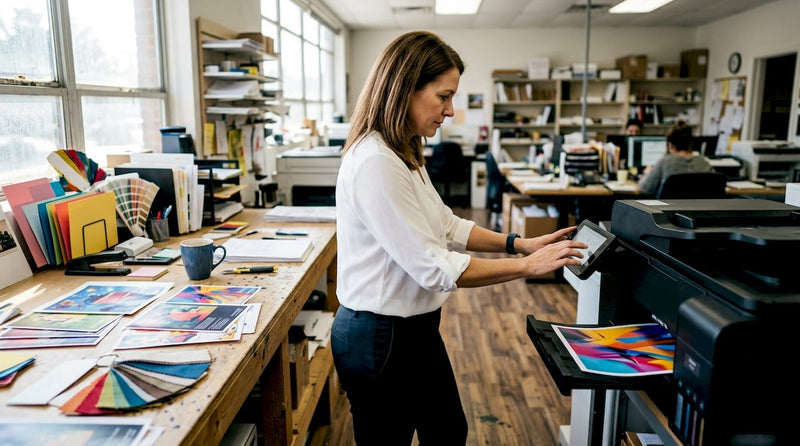 Small business printing workflow setup on desk with printer and technician