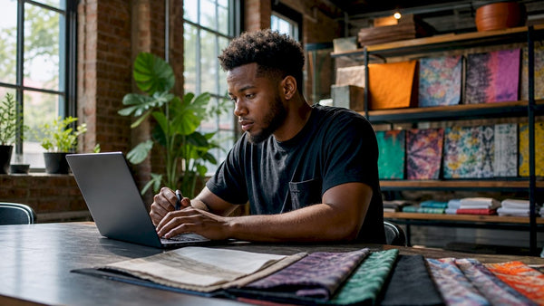 Small business owner working on DTF transfer orders at desk