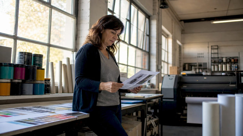 Manager reviewing print production samples