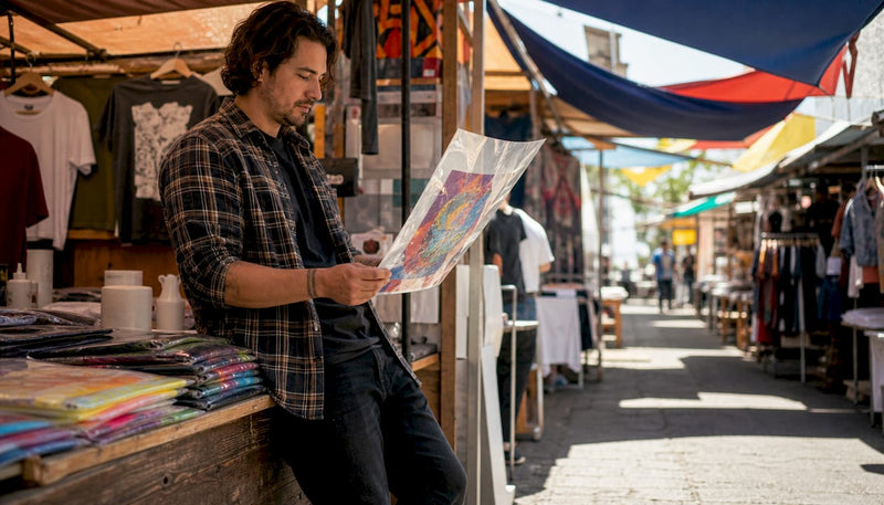 Small business owner inspecting direct-to-film transfer sheet