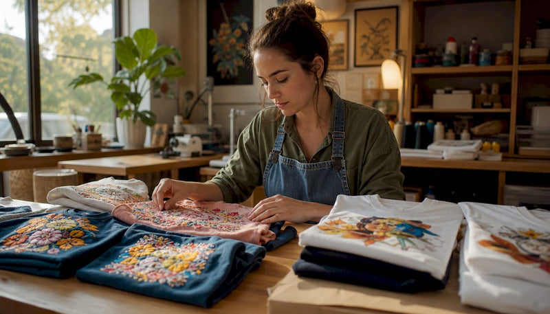 Small business owner comparing embroidery and heat transfer