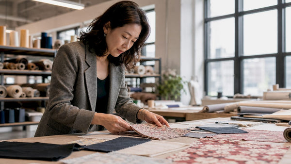 Brand manager reviewing apparel samples and swatches