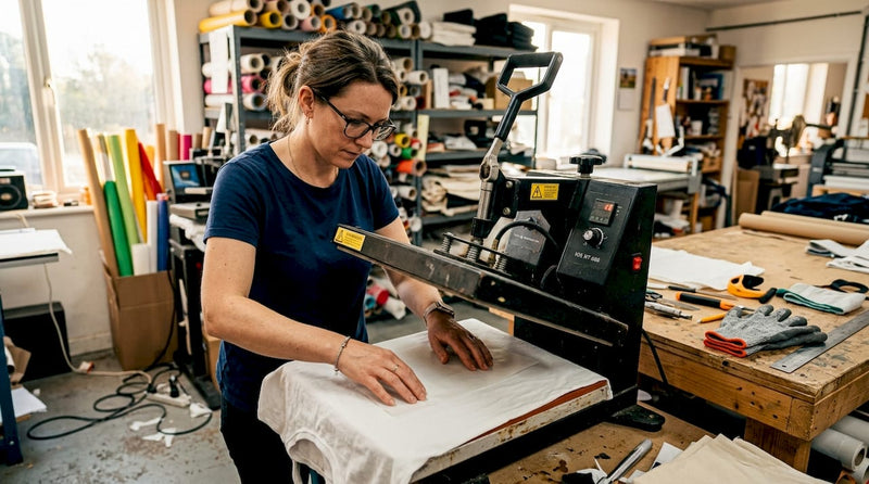 Technician operating heat press for transfer printing