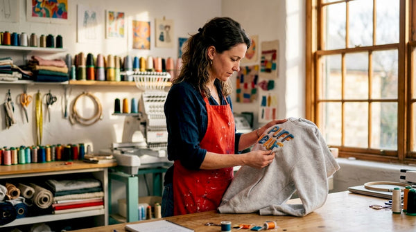 Apparel decorator inspecting puff embroidery design