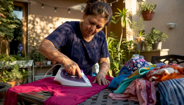 Woman ironing home iron-on transfer on t-shirt