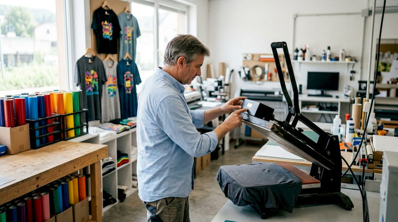 Technician adjusting heat press temperature controls