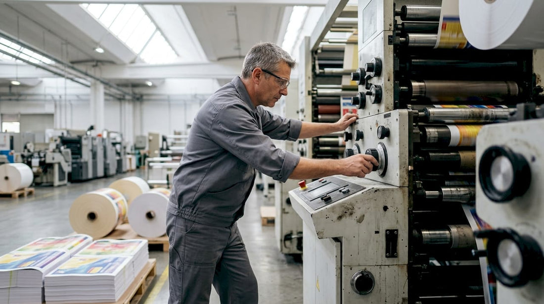 Technician adjusting industrial printing press