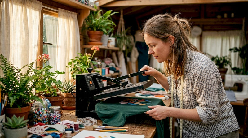 Woman using craft heat press on T-shirt