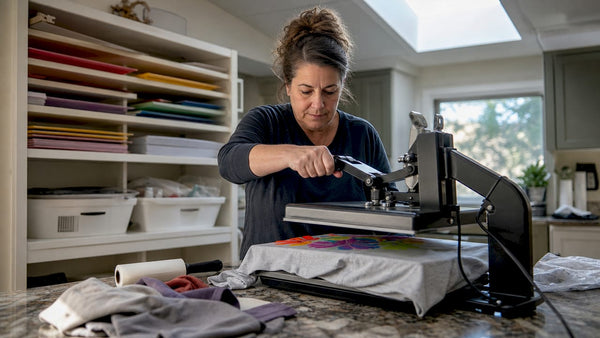 Person using heat press in home crafting room