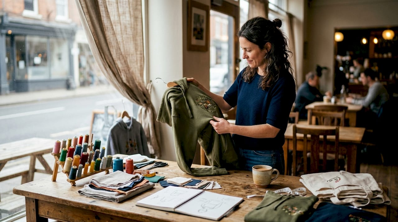 Small business owner reviewing embroidered apparel