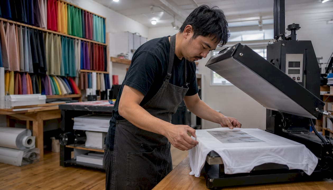Technician operating heat press machine