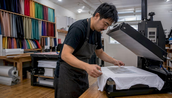 Technician operating heat press machine
