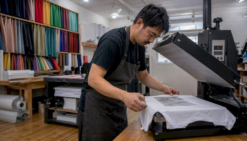 Technician operating heat press machine