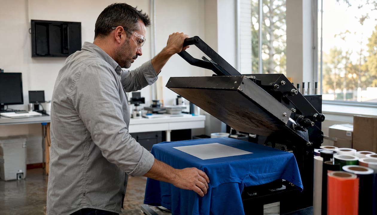 Technician operating heat press machine