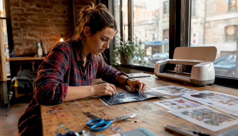 Woman working with Cricut and DTF materials in studio