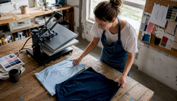 Decorator comparing sublimation and iron-on prints in studio