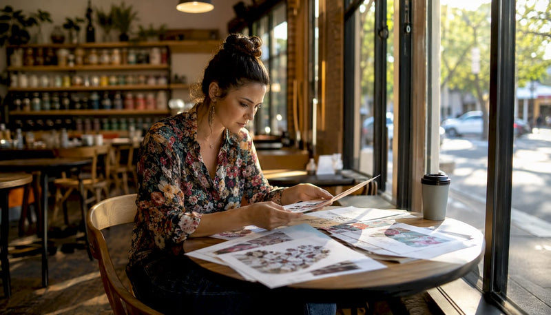 Apparel decorator examining transfer sheets at work