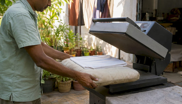Technician placing pressing pillow under fabric in heat press