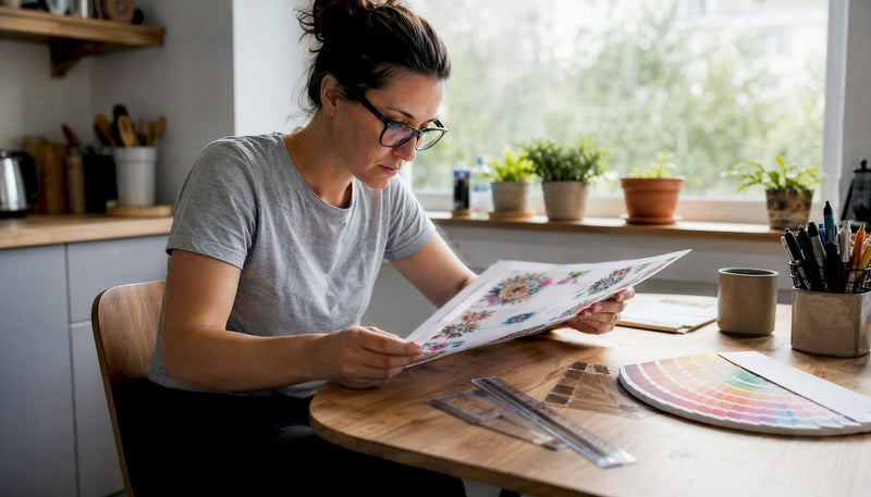 Designer reviewing print-ready artwork proof sheet
