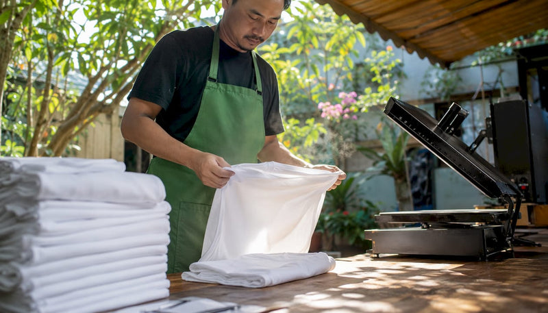 Technician preparing DTF garment on table