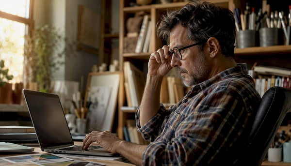 Designer reviewing DTF artwork files at desk