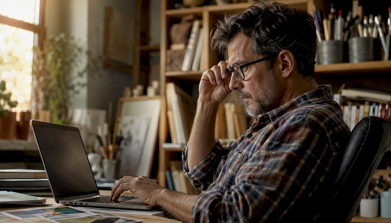 Designer reviewing DTF artwork files at desk