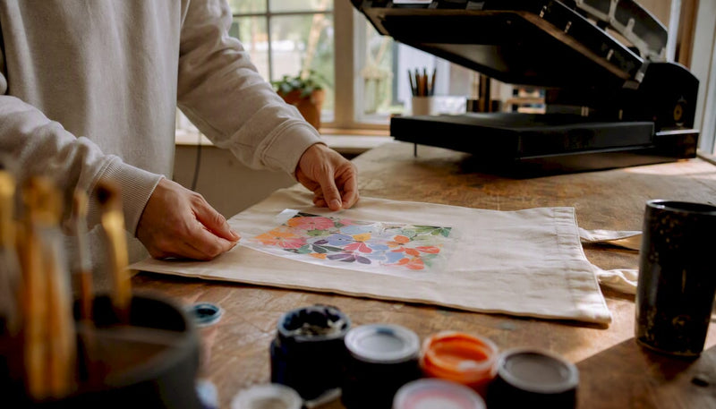 Hands applying DTF transfer on tote bag