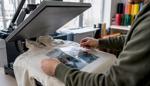 Hands applying DTF transfer on cotton shirt