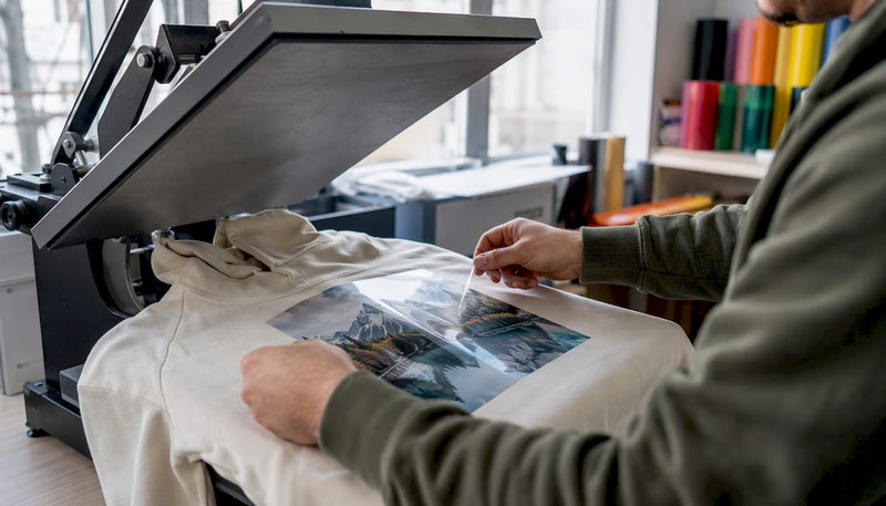 Hands applying DTF transfer on cotton shirt