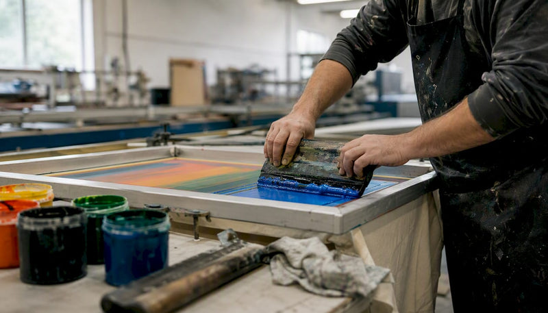 Hands applying water-based ink on screen printing frame