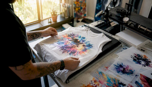 Hands applying DTF transfer on t-shirt