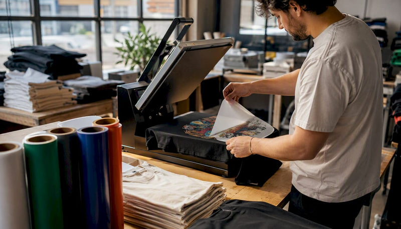 Hands peeling vibrant DTF transfer from heat press