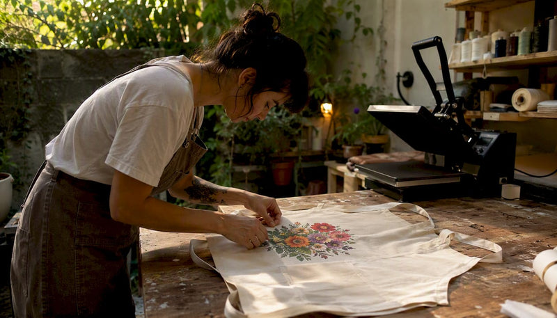 Hands applying DTF transfer on garment