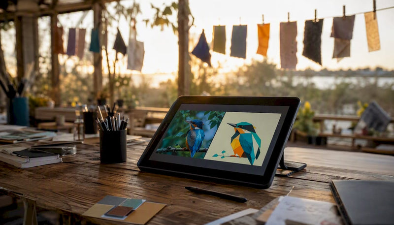 Side close-up of digital tablet showing raster and vector art