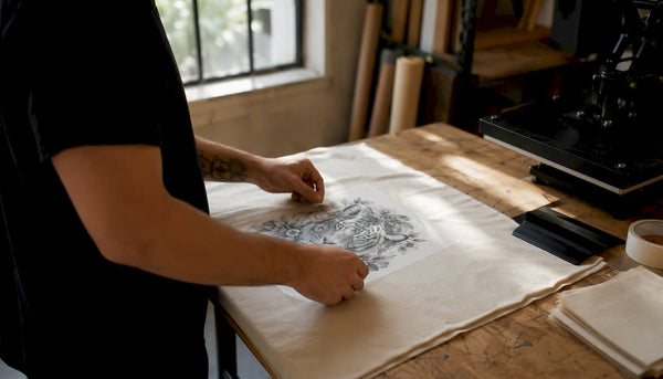 Hands placing DTF transfer on fabric