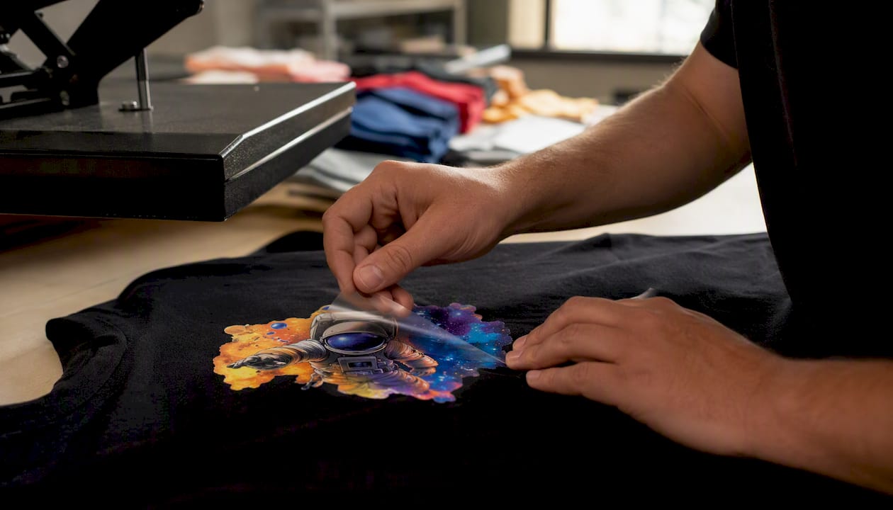 Hands peeling sticker with visible and borderless edges