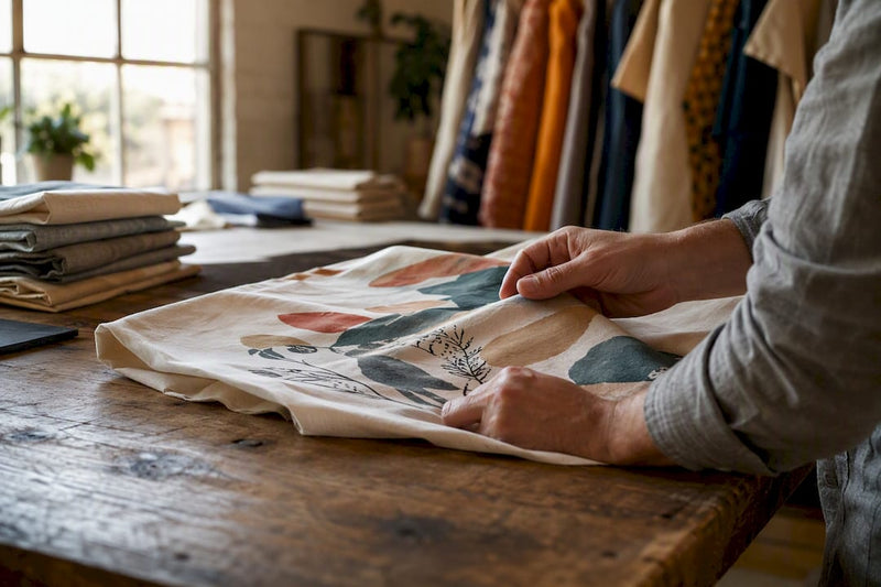 Hands performing bend test on printed fabric