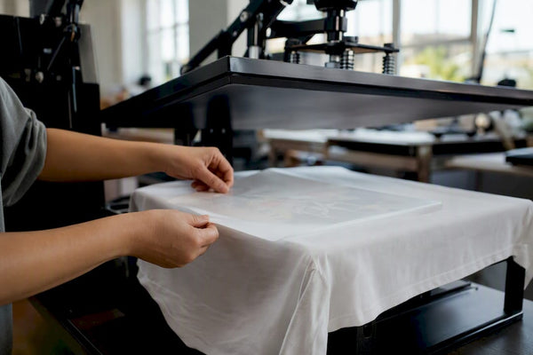 Hands placing DTF transfer on cotton fabric