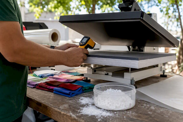 Hands checking heat press temperature in UV DTF printing