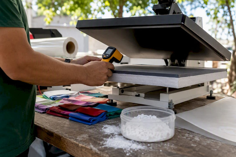 Hands checking heat press temperature in UV DTF printing