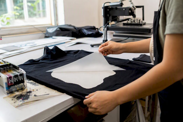 Hands applying white underbase transfer on fabric