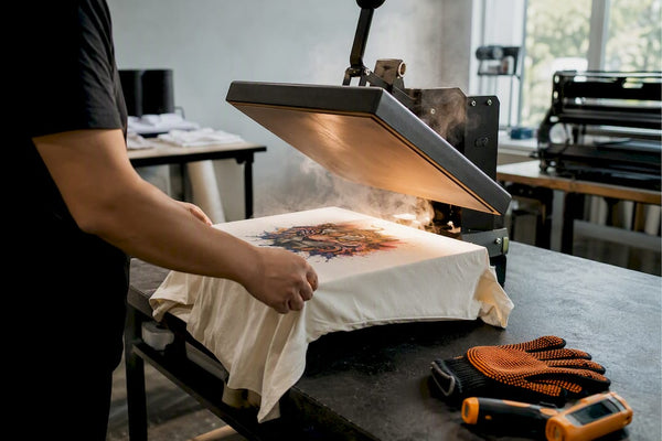 Heat press applying DTF transfer on polyester fabric
