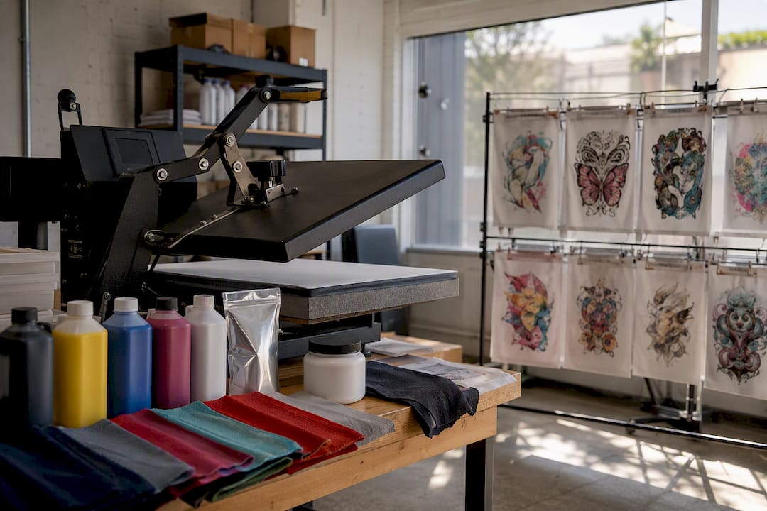 DTF printing workstation with transfers and supplies