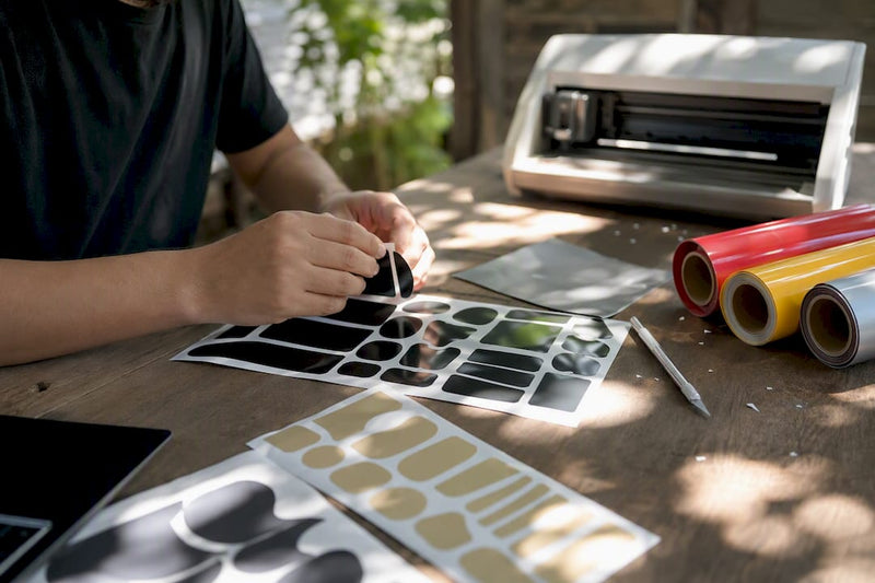 Hands inspecting custom vinyl sticker sheets