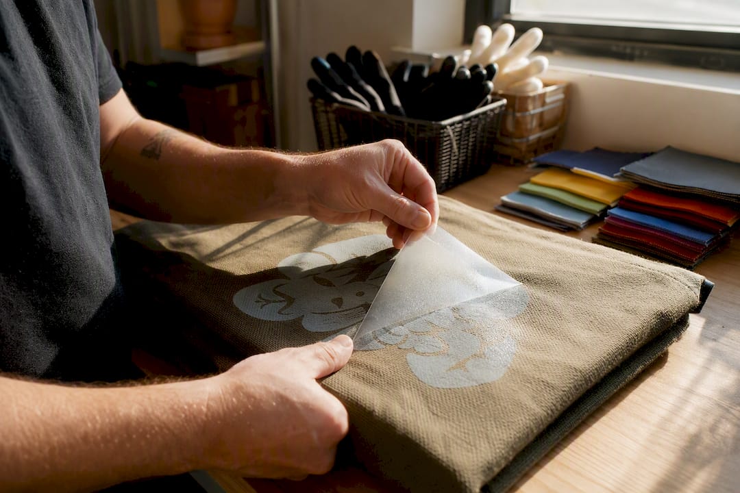 Hands peeling DTF transfer from canvas cold peel